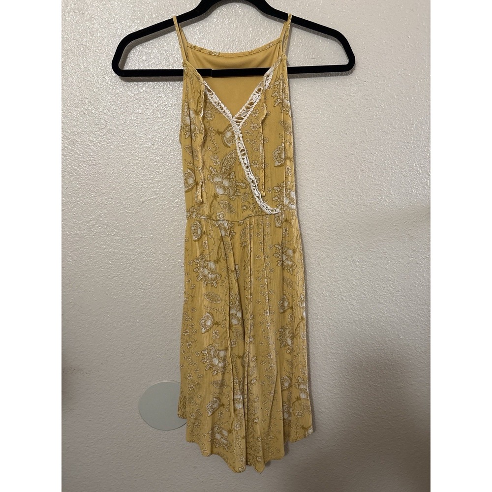 Mustard Yellow Floral Lace Trim Midi Dress Spaghetti Strap Boho Cottagecore